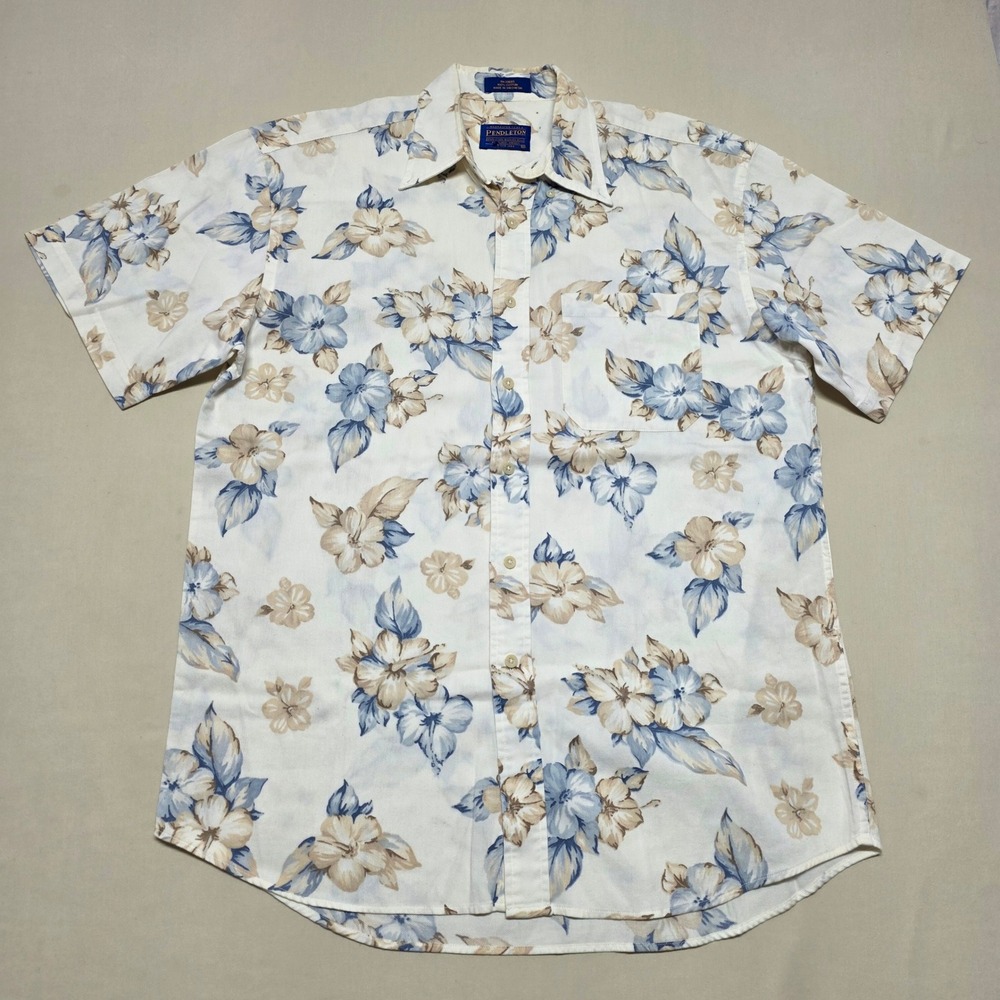 Pendleton Men Medium Tan/Blue Floral Cotton Short Sleeve ButtonUp Shirt Slimming